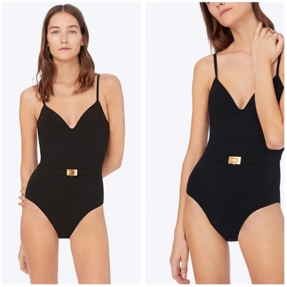 Tory Burch T Belt Gold Logo One Piece Swimsuit Black